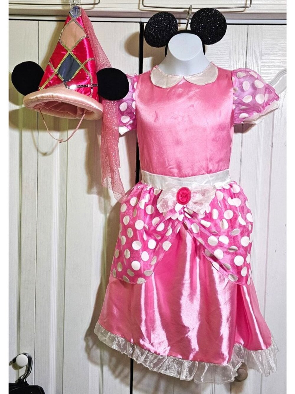 Minnie Mouse Pink Polka Dot Costume Girls 8-10 Disney Parks Sorcerer Hat Ears